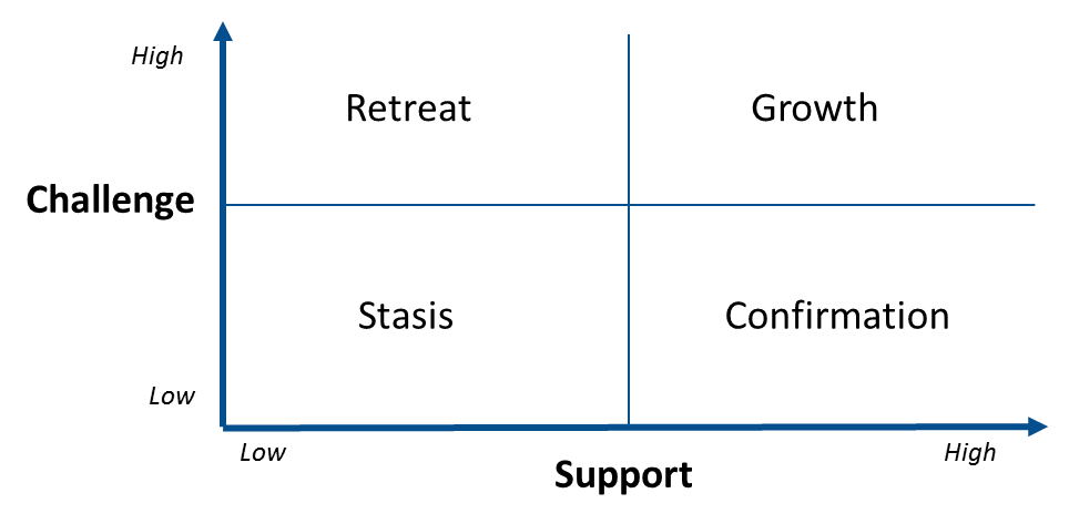 Diagram showing high levels of challenge and highlevels support leads to growth.